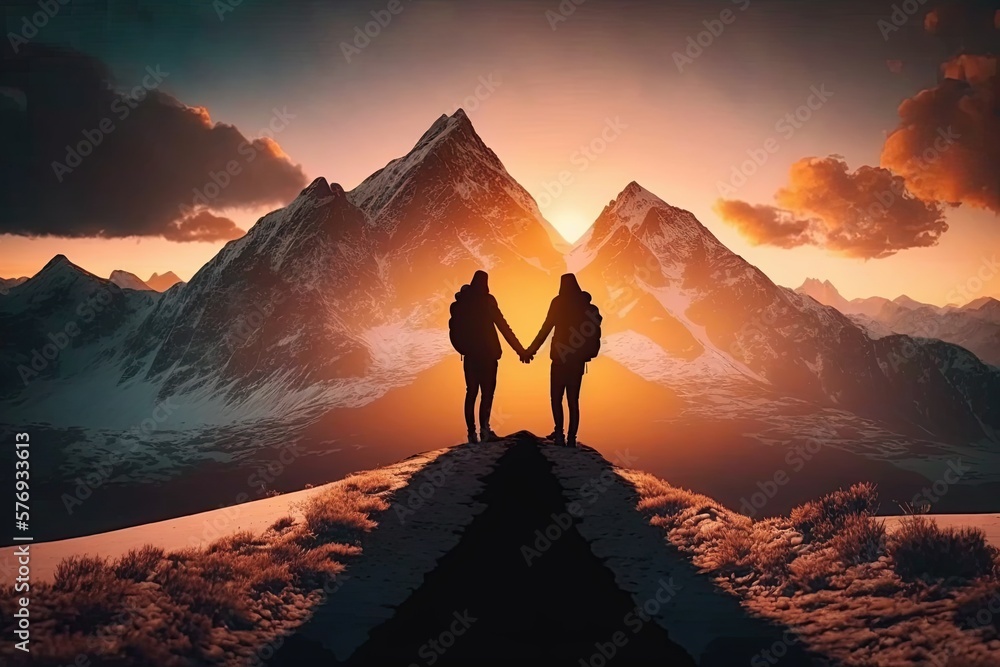 Two partner holding hand in front of the mountain during sunset