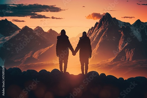 Two partner holding hand in front of the mountain during sunset