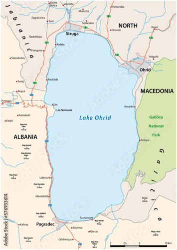 road map of Albanian and North Macedonian Lake Ohrid