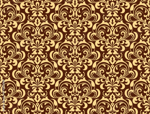 Wallpaper in the style of Baroque. Seamless vector background. Gold and brown floral ornament. Graphic pattern for fabric, wallpaper, packaging. Ornate Damask flower ornament