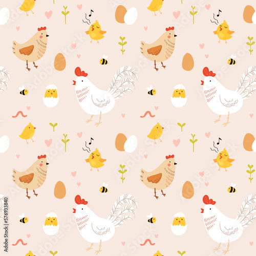 Seamless pattern with rooster  hen and chicks. Chicken with brood. Cute lovely family of domestic fowl or poultry birds. Childish flat cartoon vector illustration.