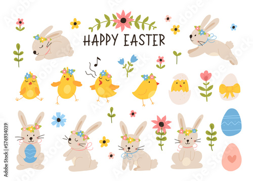 Vector color hand-drawn children cute easter set with bunny, chick and easter eggs, flowers in scandinavian style on a white background. Easter set. Spring. Happy easter.