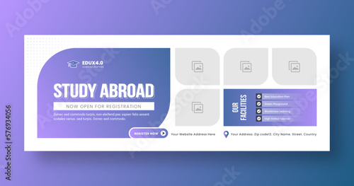 Study abroad banner template. School admission web banner template design or Social media post cover banner template. Back to school banner template. 
Online education banner. e-learning banner.