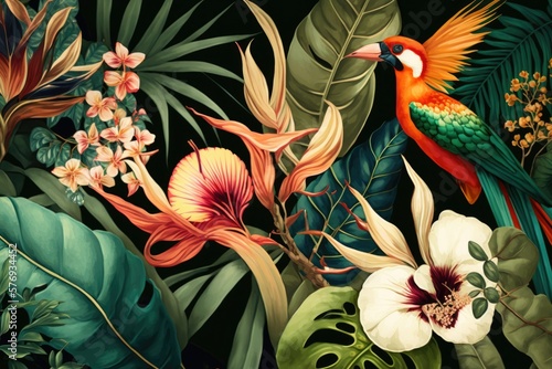 Exotic tropical flowers, palm leaves, jungle leaves, orchids, and bird of paradise blooms form a seamless pattern in the background. Hawaiian inspired botanical wallpaper illustration. Generative AI