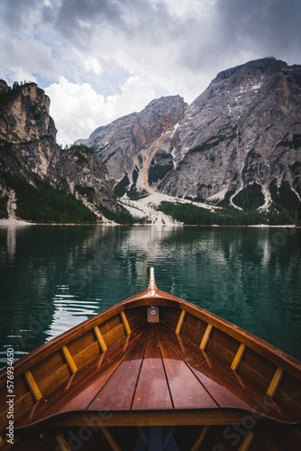 boat on lake lago di braies in italy