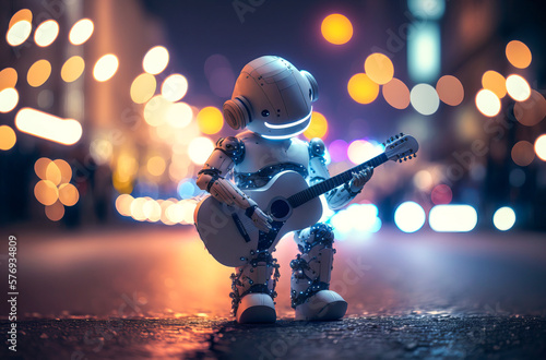 A robot plays the guitar in a lively and festive city. Musical creation revealing intuitive skills. An image that is both technical and emotional. Generative AI