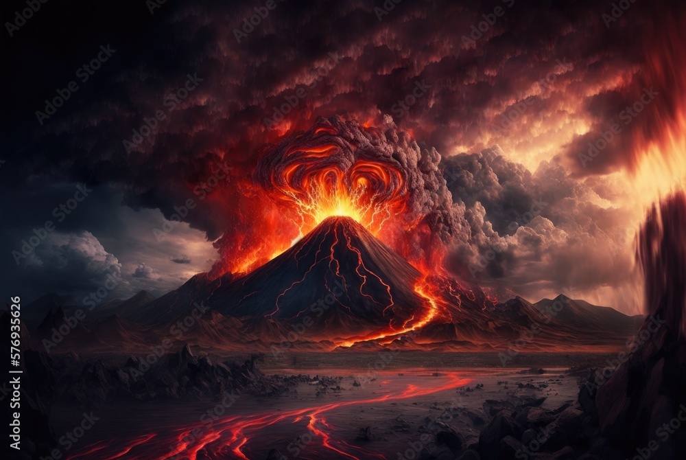 Infernal underworld of brimstone and fire, dramatic volcano eruptions, eternally burning magma, inferno of flowing lava rivers, searing hot apocalyptic wasteland hell, ash firestorms - generative ai  - obrazy, fototapety, plakaty 