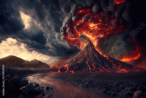 Fotografia Infernal underworld of brimstone and fire, dramatic volcano eruptions, eternally
