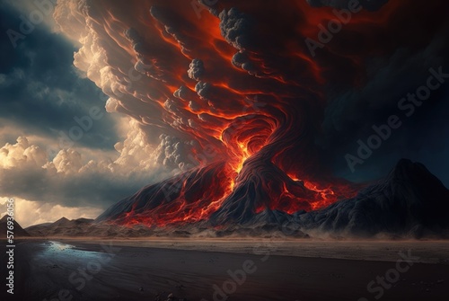 Photographie Infernal underworld of brimstone and fire, dramatic volcano eruptions, eternally