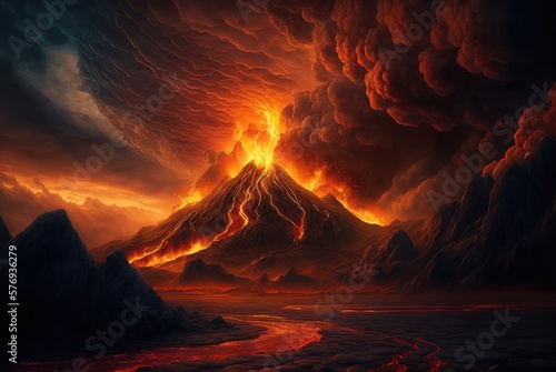Infernal underworld of brimstone and fire, dramatic volcano eruptions, eternally burning magma, inferno of flowing lava rivers, searing hot apocalyptic wasteland hell, ash firestorms - generative ai  photo