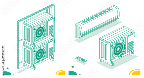 Two Outdoor Units of Air Conditioner. Isometric Outline Concept. Outdoor Unit with Indoor and Remote Controller. photo