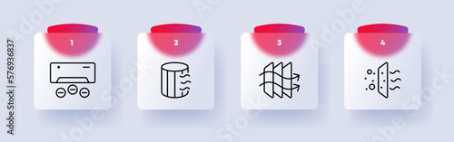 Ventilation icons set. Air freshening, air humidification, air conditioning, extractor hood. Ventilation cocnept. Ventilation Neomorphism style. Vector line icon for business