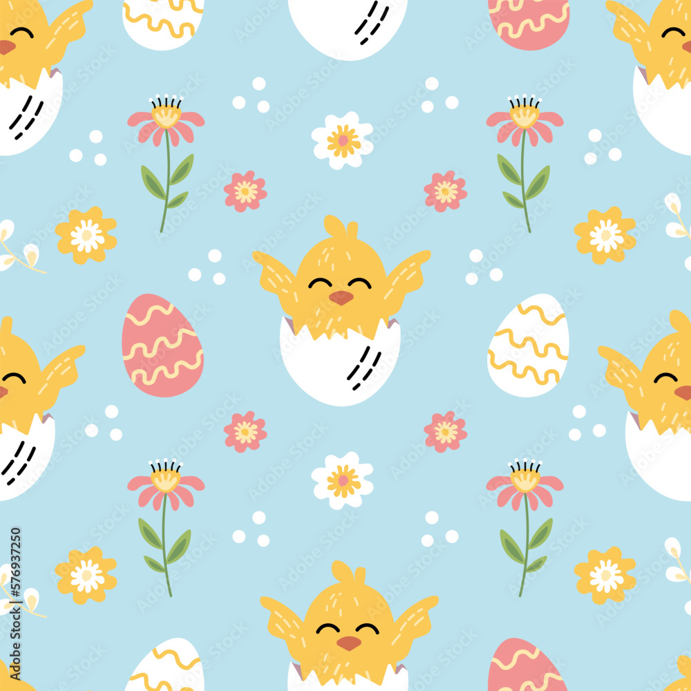 bright easter pattern chick flowers spring vector