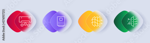 Ventilation icons set. Air freshening, air humidification, air conditioning, extractor hood. Ventilation cocnept. Glassmorphism style. Vector line icon for business