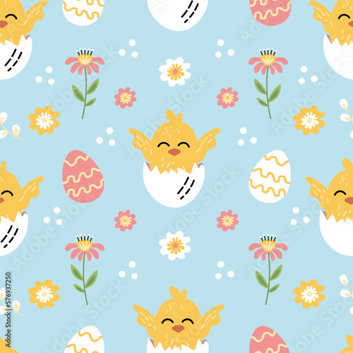 bright easter pattern chick flowers spring vector