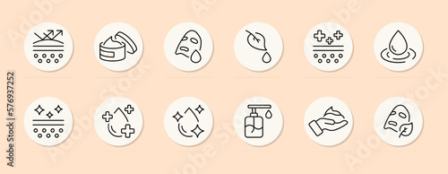 Skin healing icon set. Skin care, moisturizing, Korean cosmetics, delicate skin, cosmetics. Skin healing cocnept. Pastel color background. Vector line icon for business