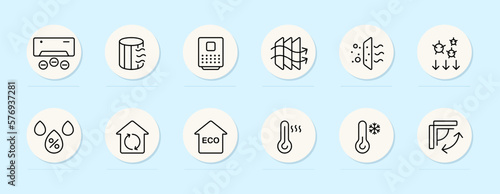 Ventilation icons set. Air freshening, air humidification, air conditioning, extractor hood. Ventilation cocnept. Pastel color background. Vector line icon for business