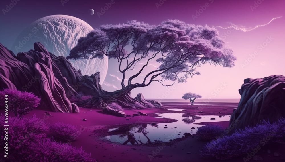 Obraz premium At night, the moon and stars light up the sky, casting trees and objects in silhouette against the dark background of space. If near water, the moonlight reflects beautifully