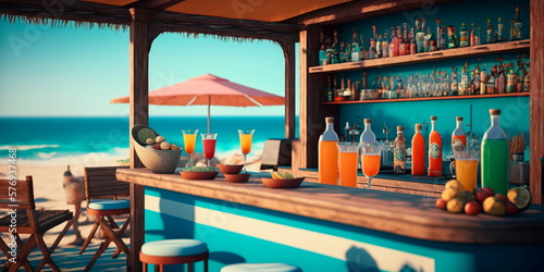 Summer beach bar with cocktails and snacks against the background of the open sea Generative AI