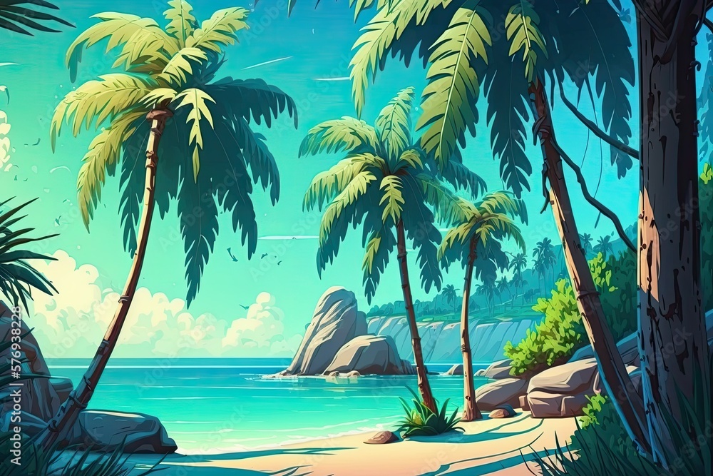 Beautiful tropical scene with palm trees and coconuts. Thailand. Generative AI