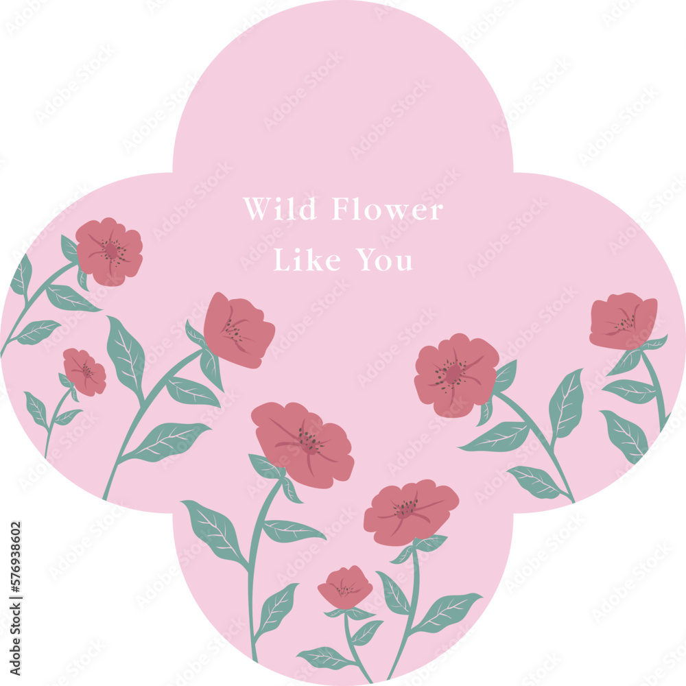 Red flowers in the flower shape.The sticker card background is located below pink background. Red flowers in the flower shape.The sticker card background is located below pink background.