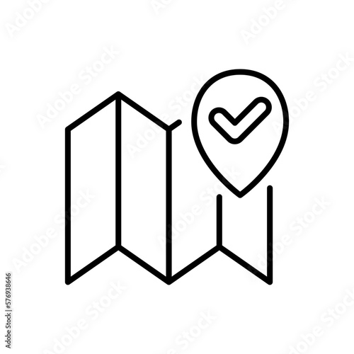 Map with gps tracker line icon. Earth's magnetic field, cardinal points, tourism, swimming, travel, orienteering. Safety navigation. Vector line icon on white background