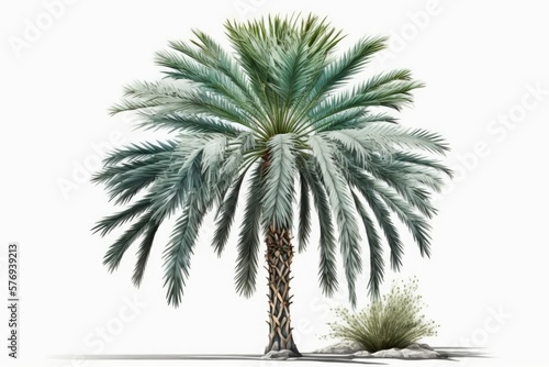 Photograph of a single Indian Wild Date palm tree against a white background (Sylvester Wild Date, Silver Date). Generative AI © AkuAku