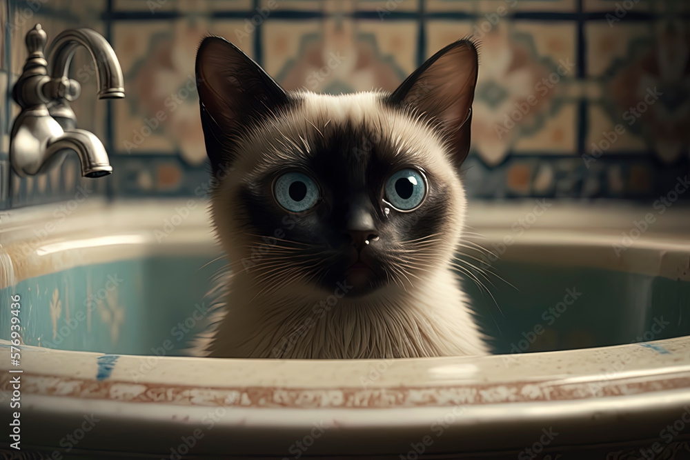 cute siamese cat in the bath tub. Generated by AI Stock Illustration Adobe Stock