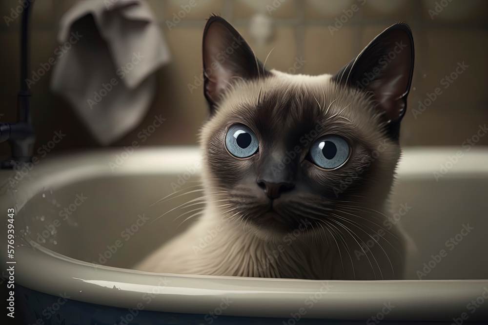 cute siamese cat in the bath tub. Generated by AI Stock Illustration Adobe Stock