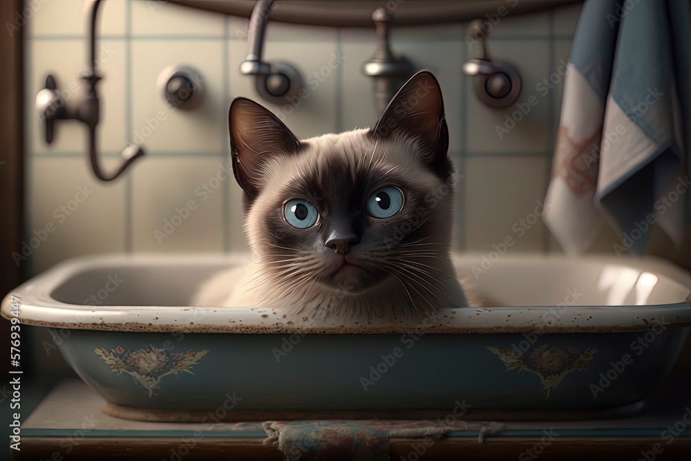 cute siamese cat in the bath tub. Generated by AI Stock Illustration Adobe Stock