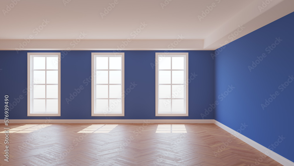 Fototapeta premium Dark Blue Room with a White Ceiling and Cornice, Glossy Herringbone Parquet Floor, Three Large Windows and a White Plinth. Sunny Beautiful Interior. 3D illustration, 8K Ultra HD, 7680x4320, 300 dpi