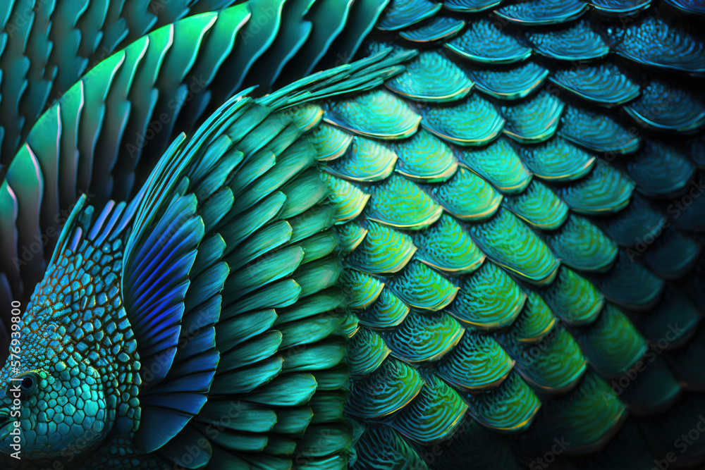 Obraz premium Iridescent reptile dragon scales in blue and green, background, wallpaper created with Generative AI technology