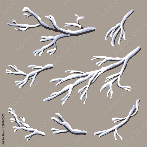 A set of snow-covered branches. Winter elements for the Christmas scene. Plants covered with frost in cartoon style. Vector flat illustration.