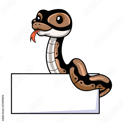 Cute ball python snake cartoon with blank sign