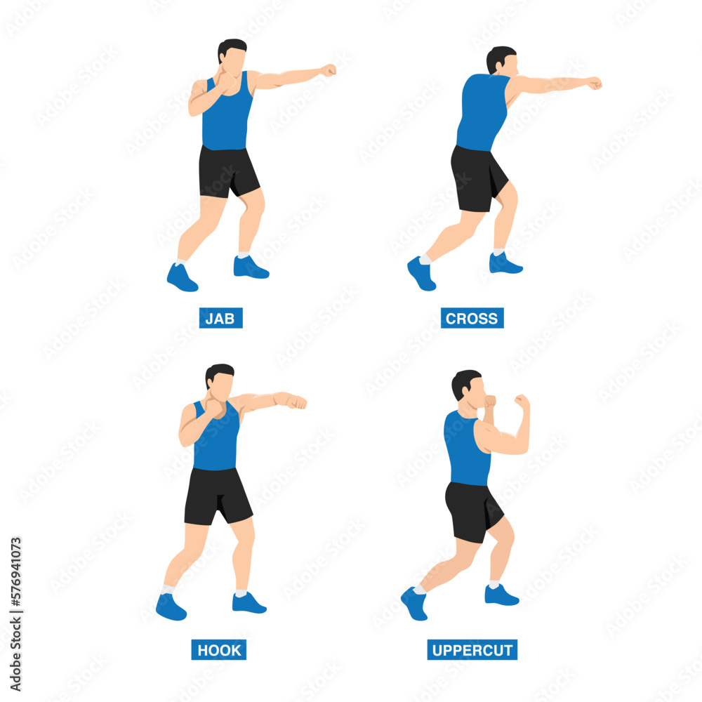 Man doing boxing moves exercise. Jab Cross Hook and Uppercut movement. Shadow boxing. Flat vector illustration - obrazy, fototapety, plakaty 