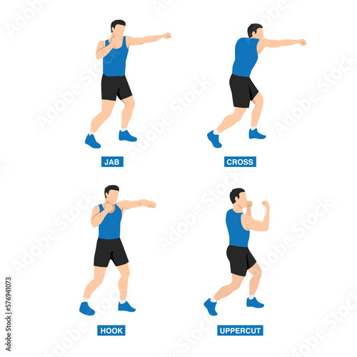 Man doing boxing moves exercise. Jab Cross Hook and Uppercut movement. Shadow boxing. Flat vector illustration