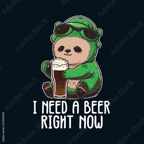 I need a beer right now, sloth funny st patricks day shirt design vector, Sloth drinking beer, sloth wear irish dress and sunglass
