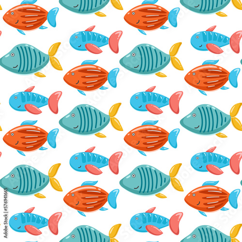 Underwater worldy kid background. Seamless pattern with marine colorful fish. Digital paper with ocean inhabitants. Baby print for wallpaper, textile, paper and design, vector illustration