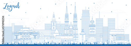 Outline Zagreb Croatia City Skyline with Blue Buildings. Vector Illustration. Zagreb Cityscape with Landmarks.