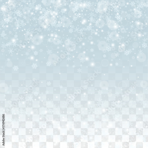 Christmas Vector Background with Falling Snowflakes  Isolated on Transparent Background. Realistic Snow Sparkle Pattern. Snowfall Overlay Print. Winter Sky. Realistic Snow. Happy Christmas, New Year.