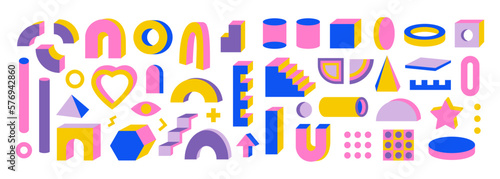 Set of simple and 3D vector geometric abstract shapes and figures with isometric views. Square, pyramid, cylinder, triangle, zigzag, dot. Futuristic bold and colorful isolated elements.