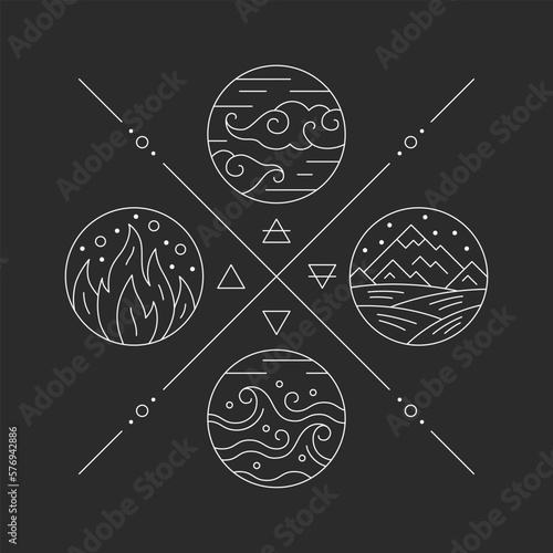 Nature four elements golden sacred, magic or alchemy signs. Water, fire, earth, air golden signs thin line vector illustration on white background