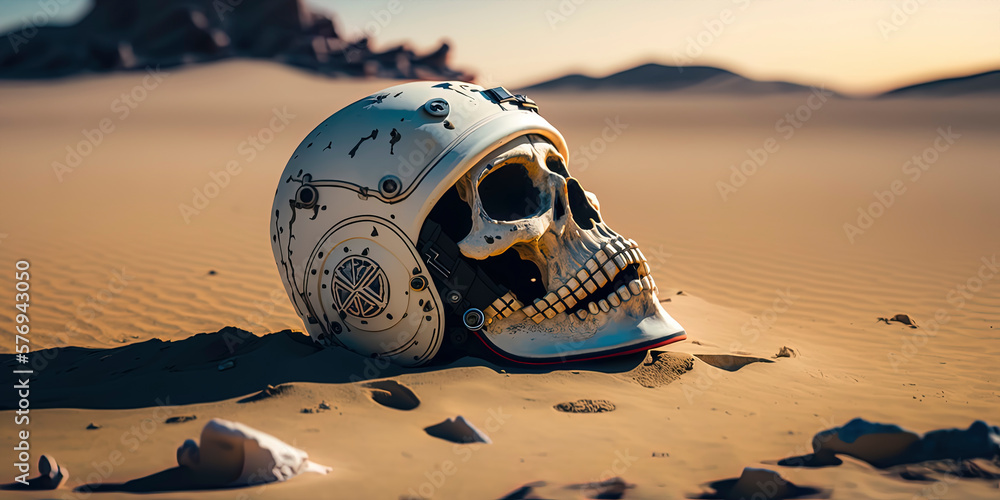 Obraz premium A skull in an astronaut’s helmet in the desert
