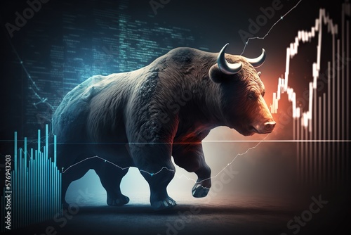 bear with bull head against the background of charts with stock quotes, concept of Market Volatility and Financial Risk, created with Generative AI technology