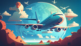 Plane illustration, travel, colorfull, landscape and sky in the background
