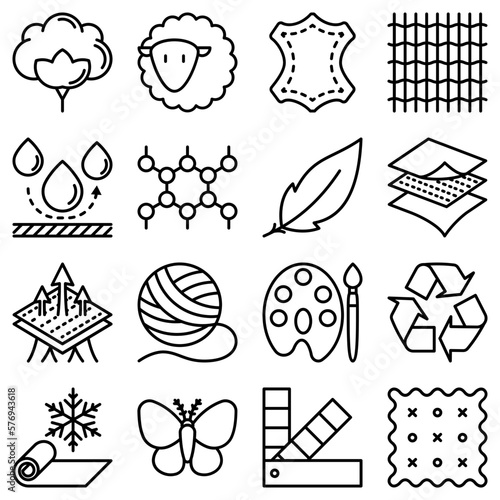 Fabric feature thin line icons set: leather, textile, cotton, wool, waterproof, acrylic, silk, eco-friendly material, breathable material. Modern vector illustration.