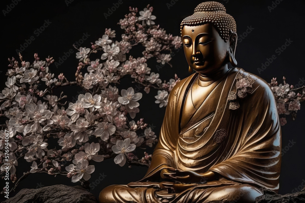 Gold Buddha statue with cherry blossom, generative AI