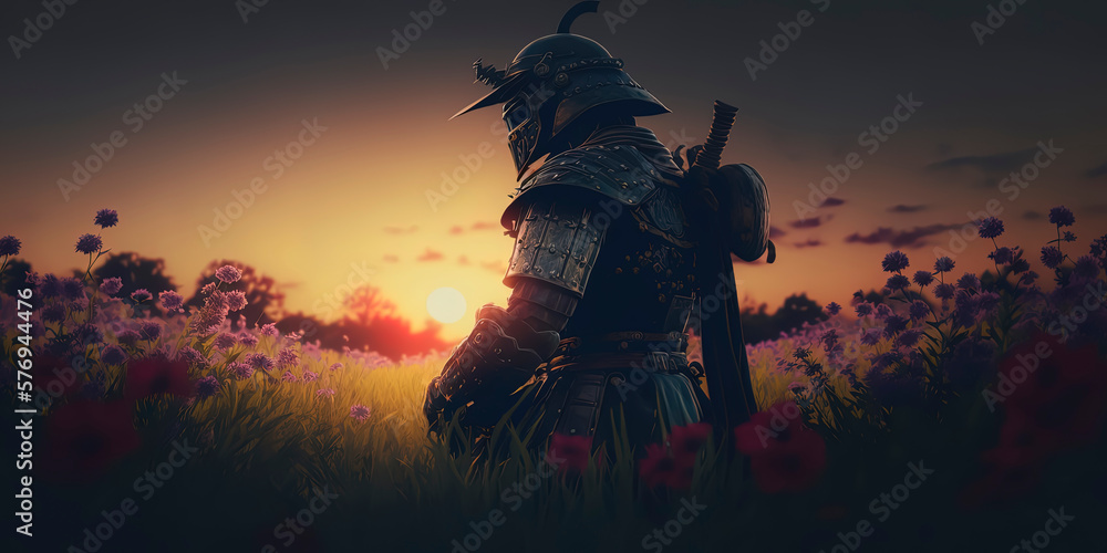dark sunset over the field of flowers make from colorful grass chops, samurai with samurai helm and suit lying in the grass AI-Generated