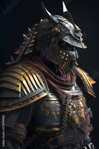 Samurai in cyber armor, epic sceen, dark background