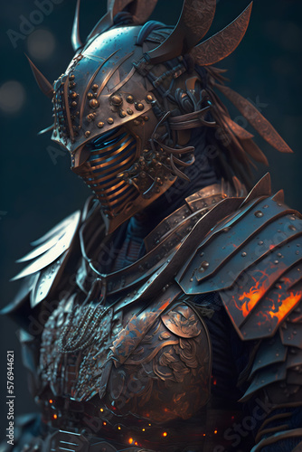 Samurai in cyber armor, epic sceen, dark background